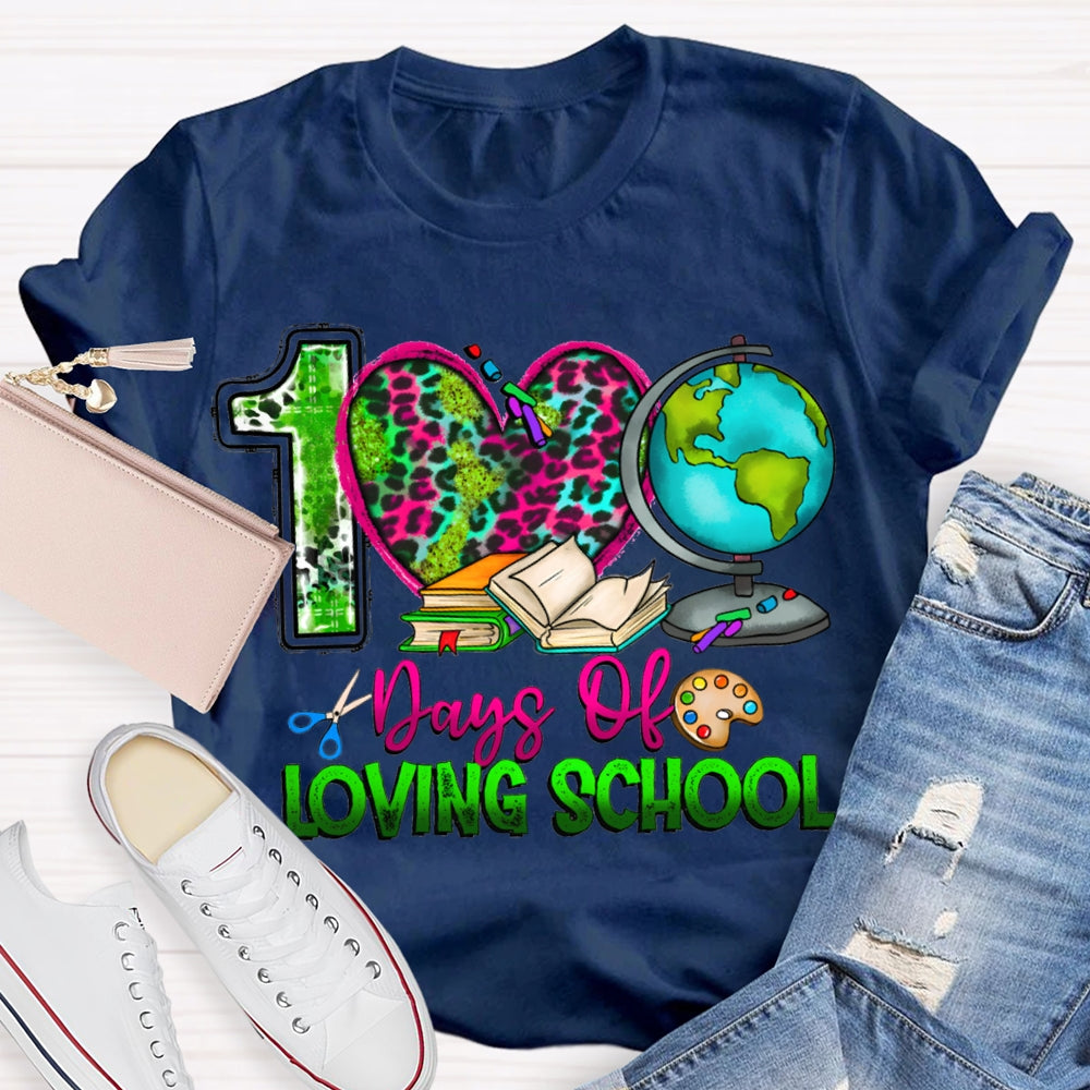 100 Days Of Loving School Leopard Print Hearts And Colorful Fonts T-shirt