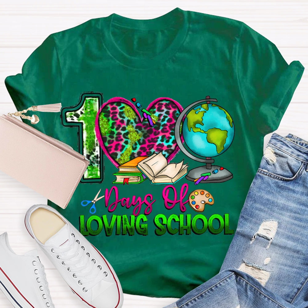 100 Days Of Loving School Leopard Print Hearts And Colorful Fonts T-shirt