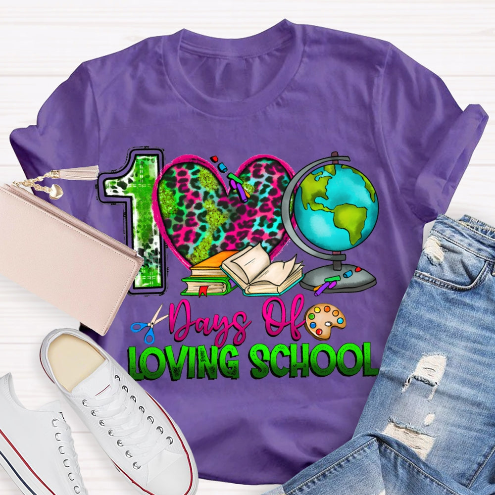 100 Days Of Loving School Leopard Print Hearts And Colorful Fonts T-shirt