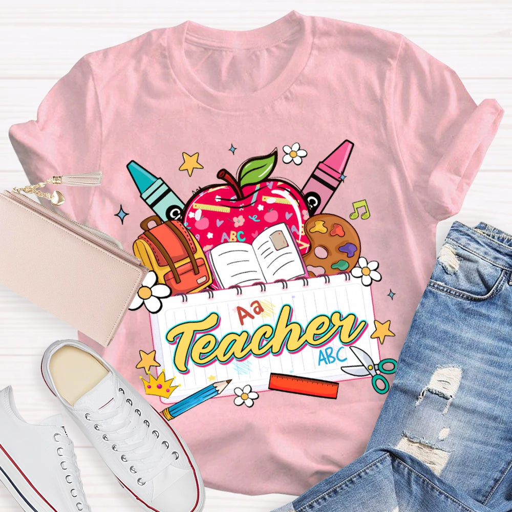 Apple Backpack And Book Prints Teacher T-shirt
