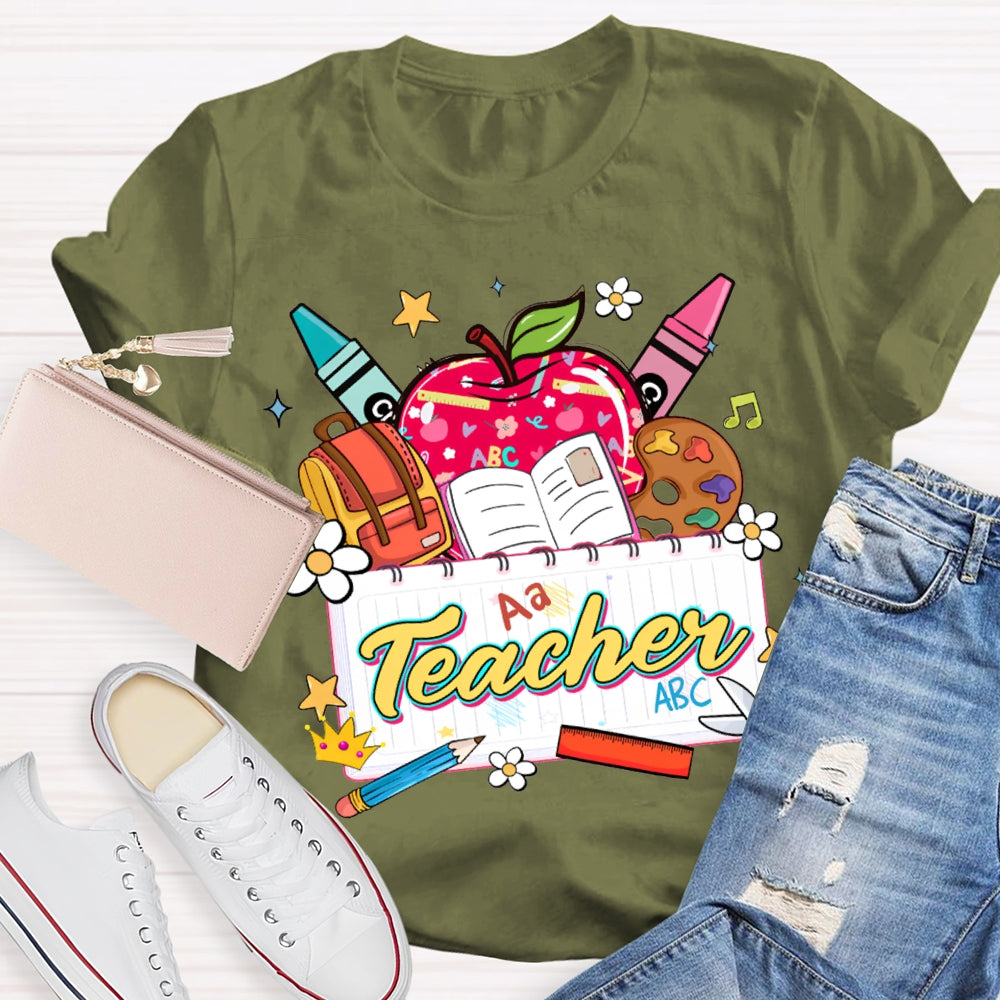 Apple Backpack And Book Prints Teacher T-shirt