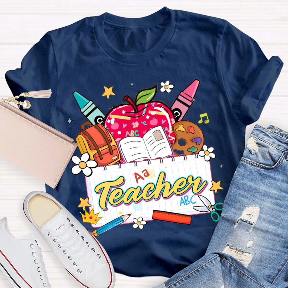 Apple Backpack And Book Prints Teacher T-shirt