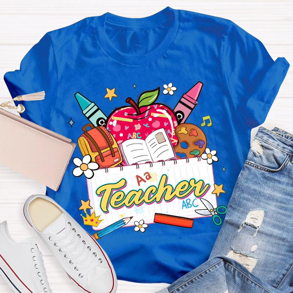 Apple Backpack And Book Prints Teacher T-shirt