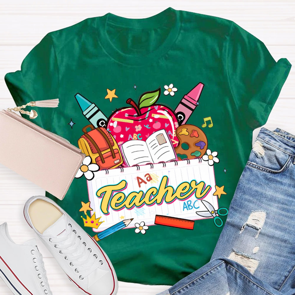 Apple Backpack And Book Prints Teacher T-shirt