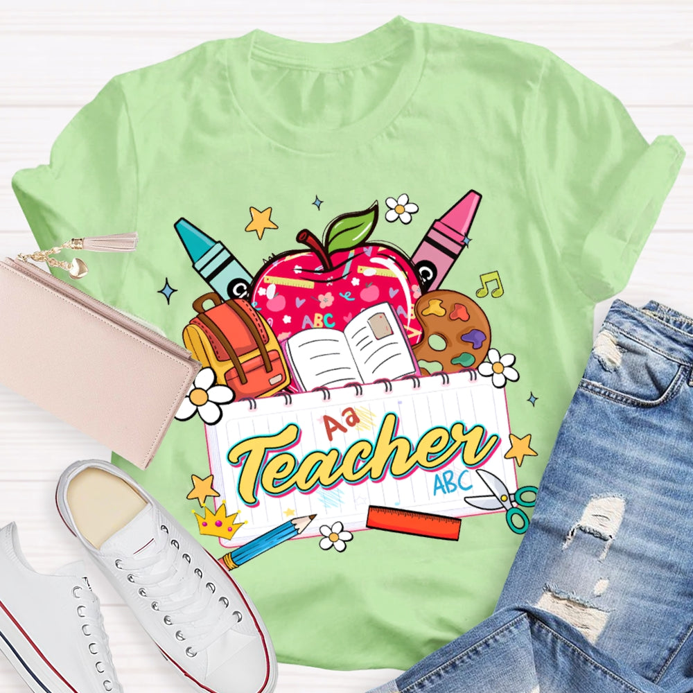 Apple Backpack And Book Prints Teacher T-shirt