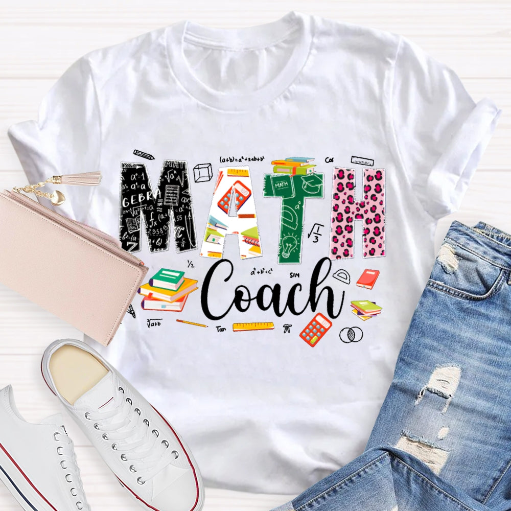 Math Coach Leopard Print Font And Colored Font Math Teacher T-shirt