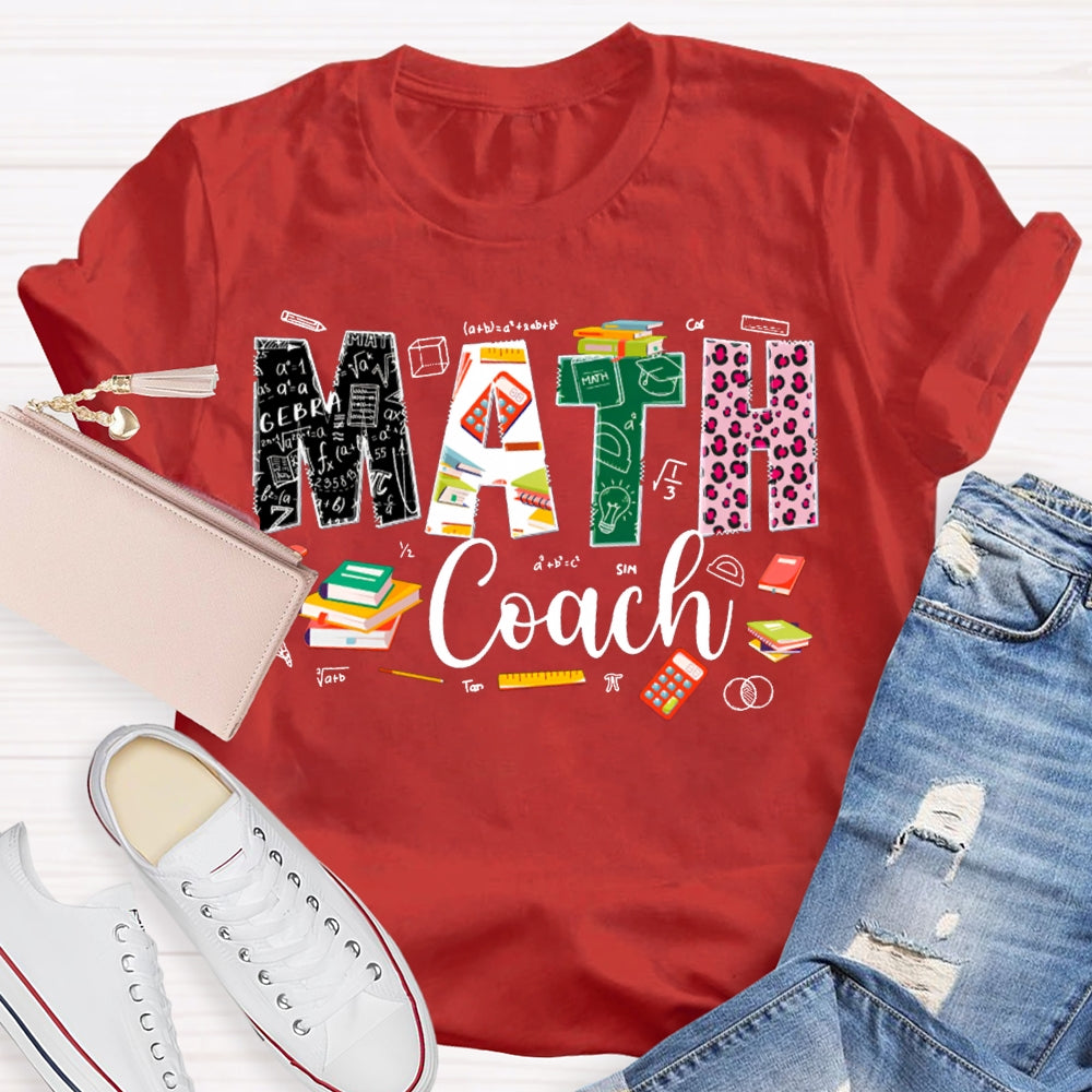 Math Coach Leopard Print Font And Colored Font Math Teacher T-shirt