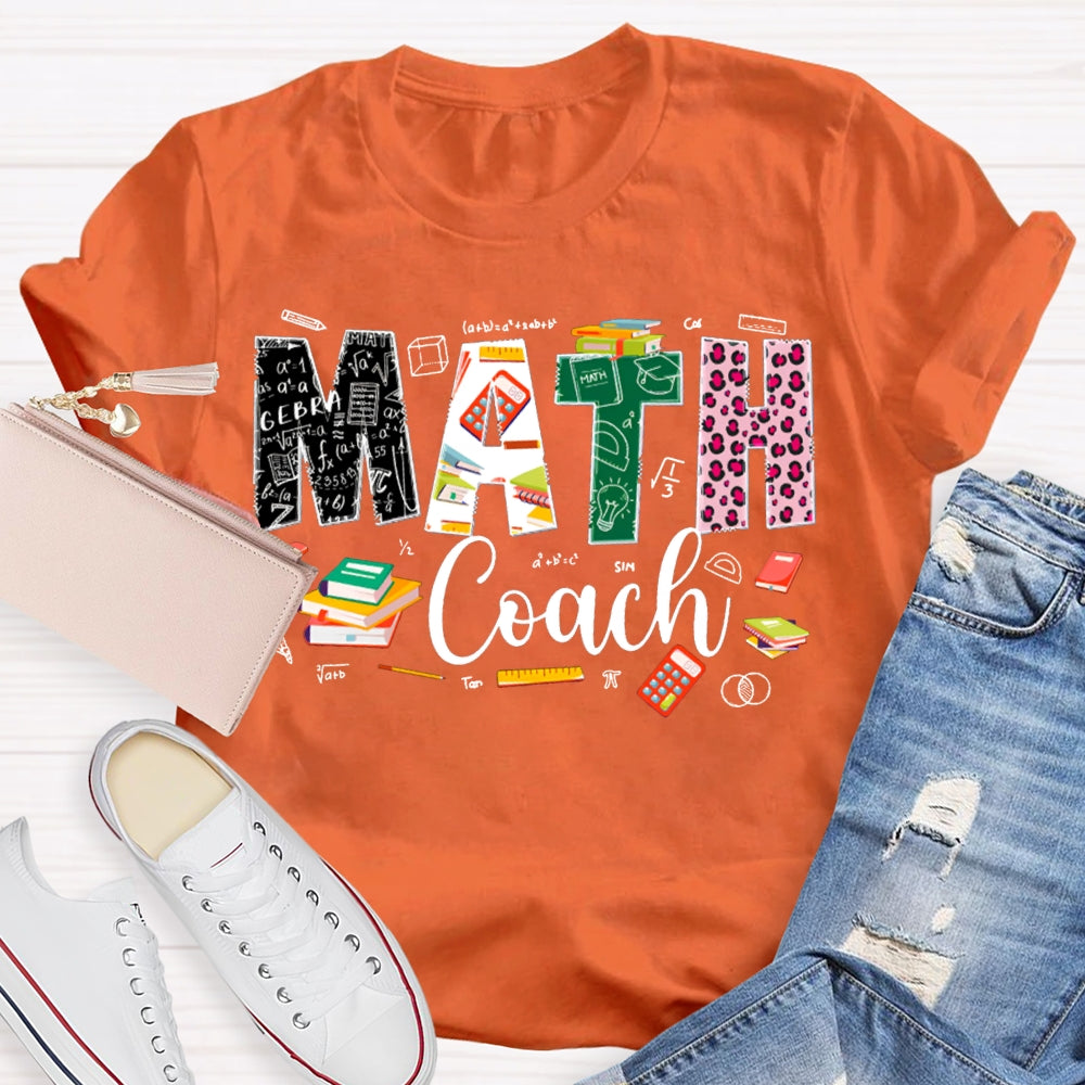 Math Coach Leopard Print Font And Colored Font Math Teacher T-shirt