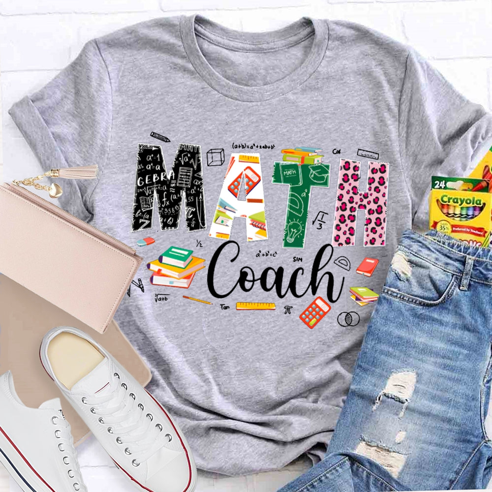 Math Coach Leopard Print Font And Colored Font Math Teacher T-shirt