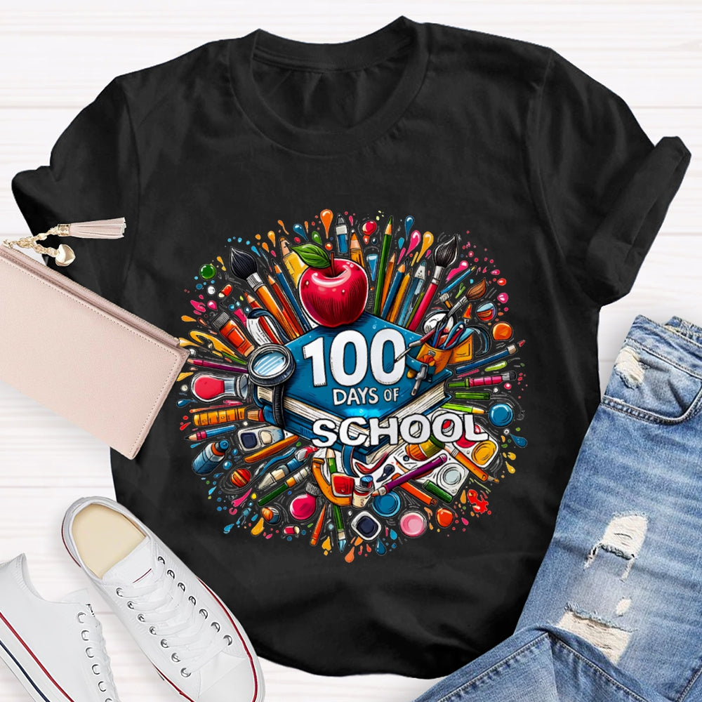 100 Days Of School Apple And Colored Pencil Print T-shirt