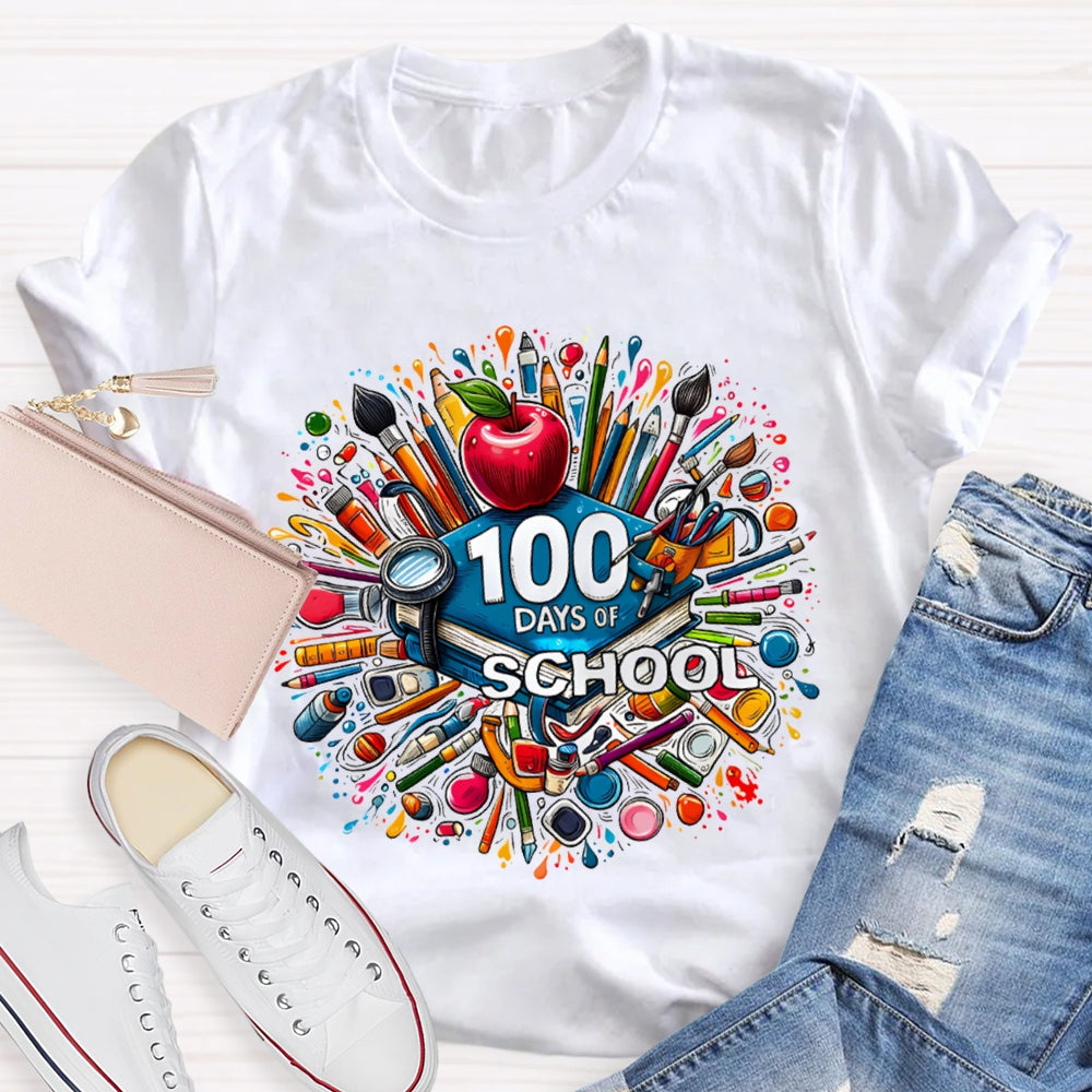 100 Days Of School Apple And Colored Pencil Print T-shirt