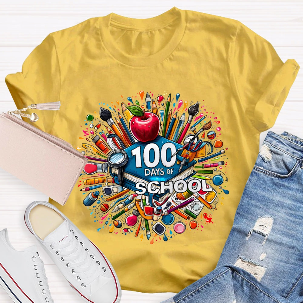 100 Days Of School Apple And Colored Pencil Print T-shirt