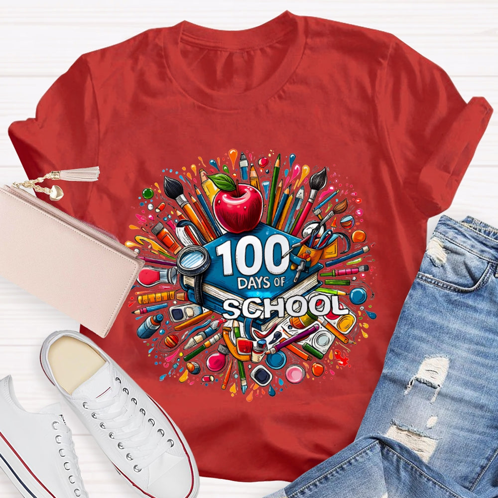 100 Days Of School Apple And Colored Pencil Print T-shirt