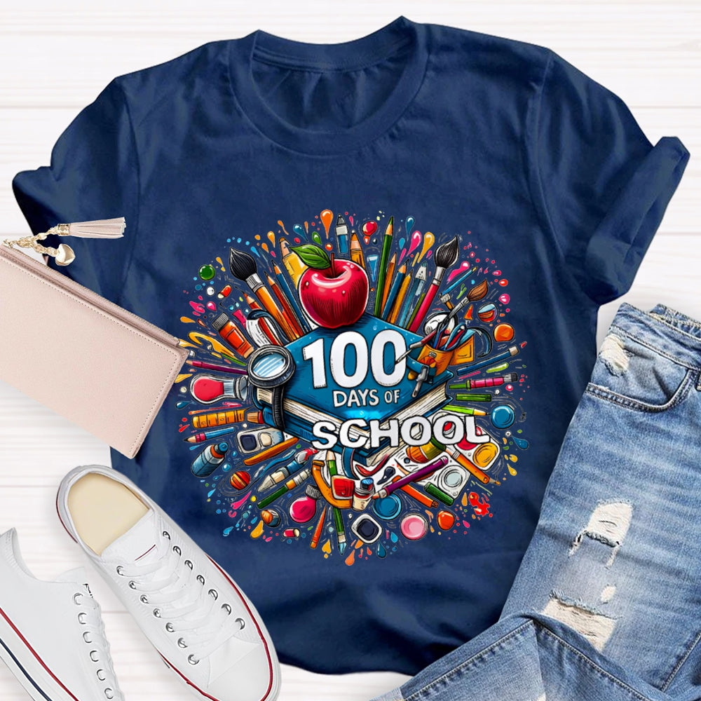 100 Days Of School Apple And Colored Pencil Print T-shirt