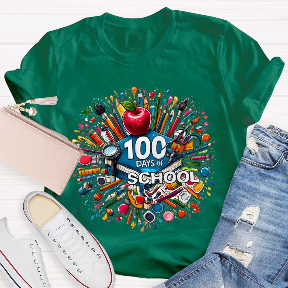 100 Days Of School Apple And Colored Pencil Print T-shirt
