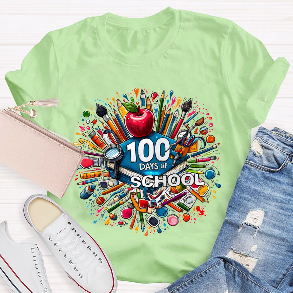 100 Days Of School Apple And Colored Pencil Print T-shirt