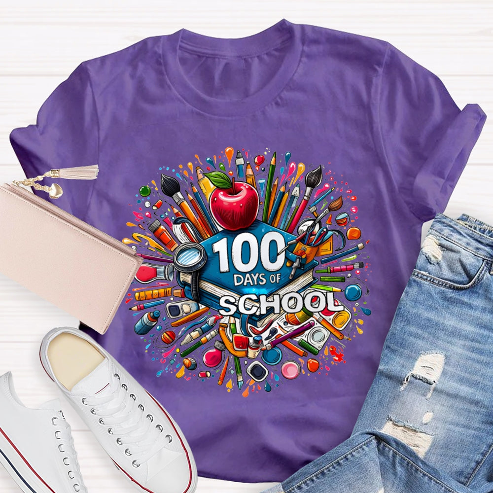 100 Days Of School Apple And Colored Pencil Print T-shirt