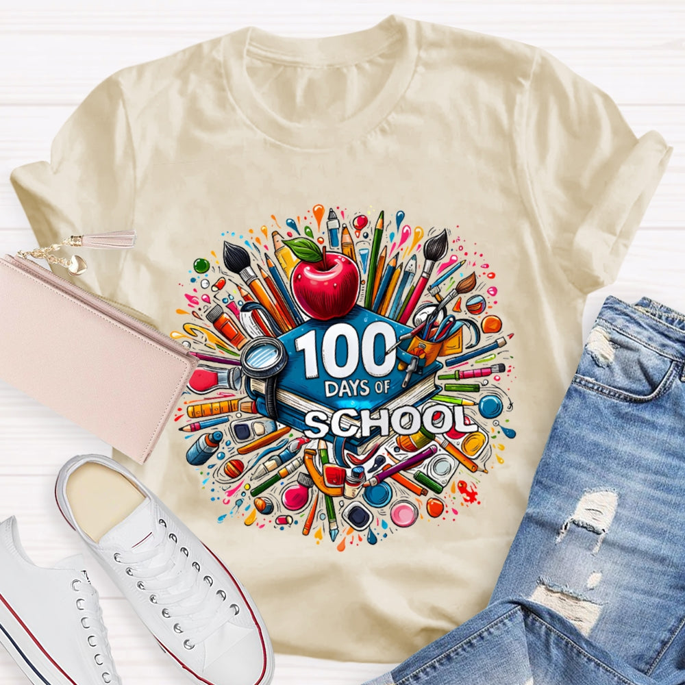 100 Days Of School Apple And Colored Pencil Print T-shirt