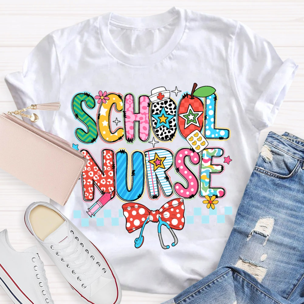 School Nurse Bow Stethoscope And Colored Lettering T-shirt