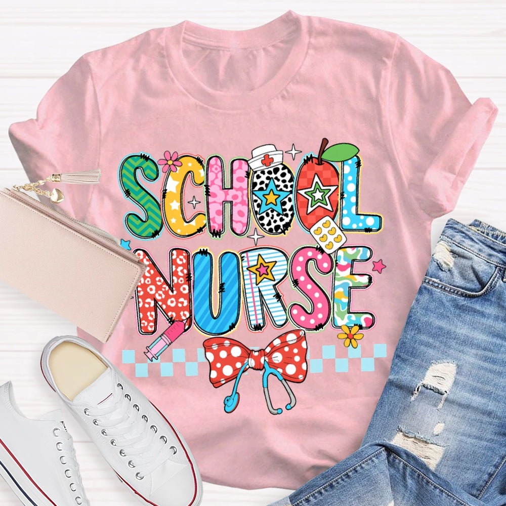School Nurse Bow Stethoscope And Colored Lettering T-shirt