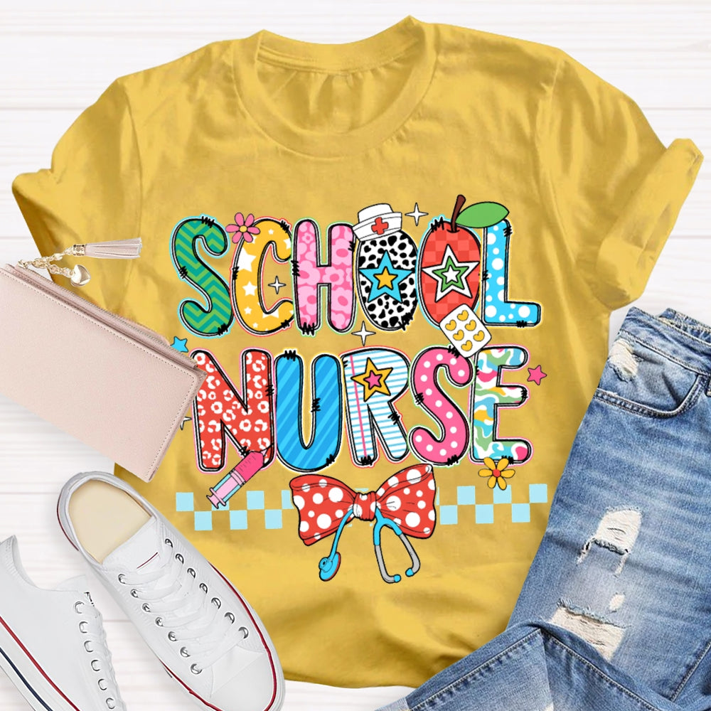 School Nurse Bow Stethoscope And Colored Lettering T-shirt
