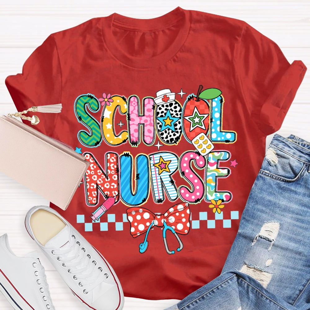 School Nurse Bow Stethoscope And Colored Lettering T-shirt