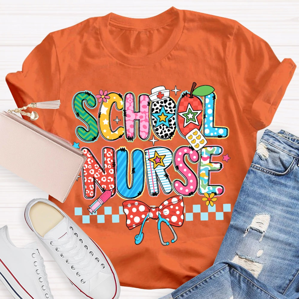 School Nurse Bow Stethoscope And Colored Lettering T-shirt