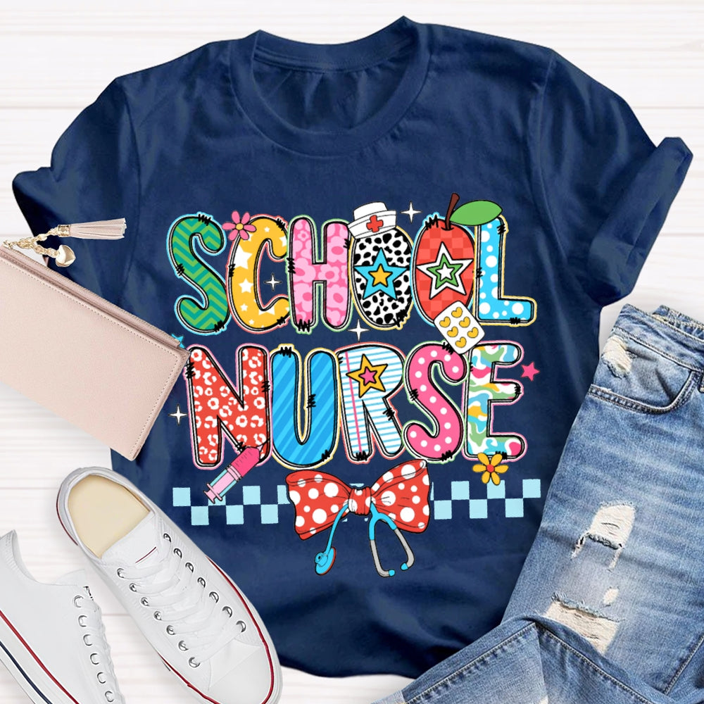 School Nurse Bow Stethoscope And Colored Lettering T-shirt