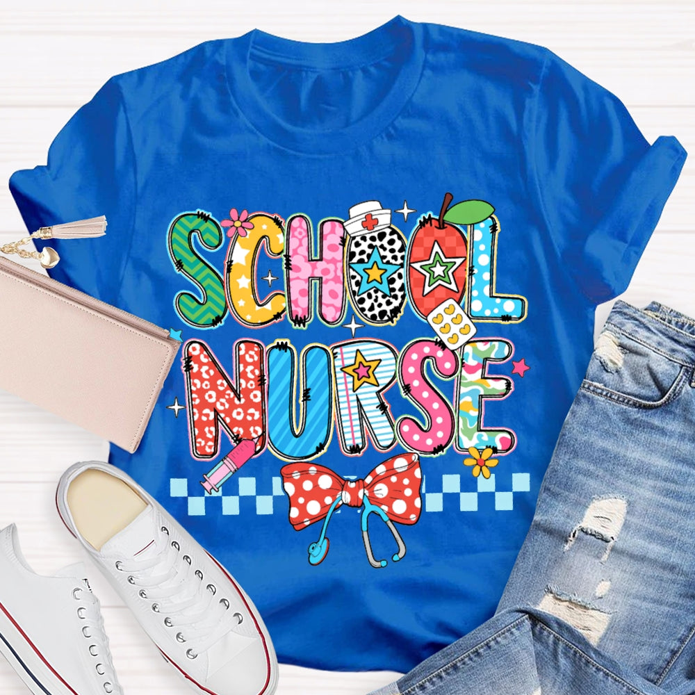 School Nurse Bow Stethoscope And Colored Lettering T-shirt