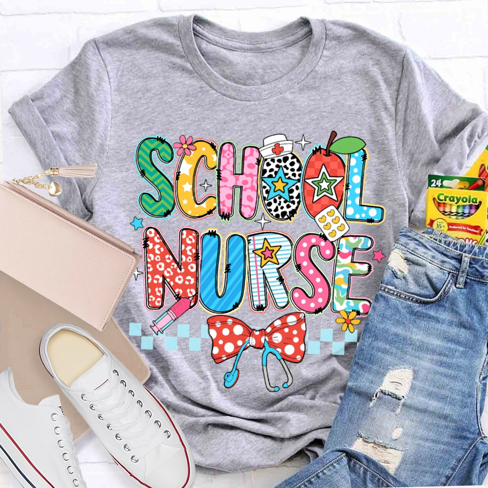 School Nurse Bow Stethoscope And Colored Lettering T-shirt