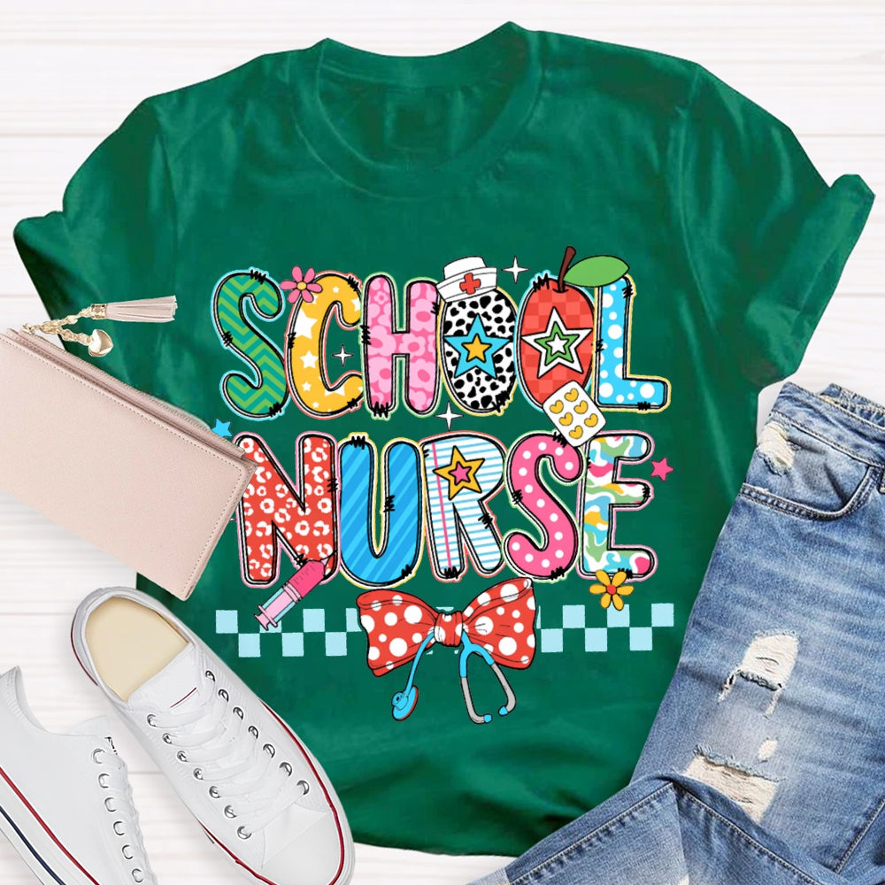 School Nurse Bow Stethoscope And Colored Lettering T-shirt
