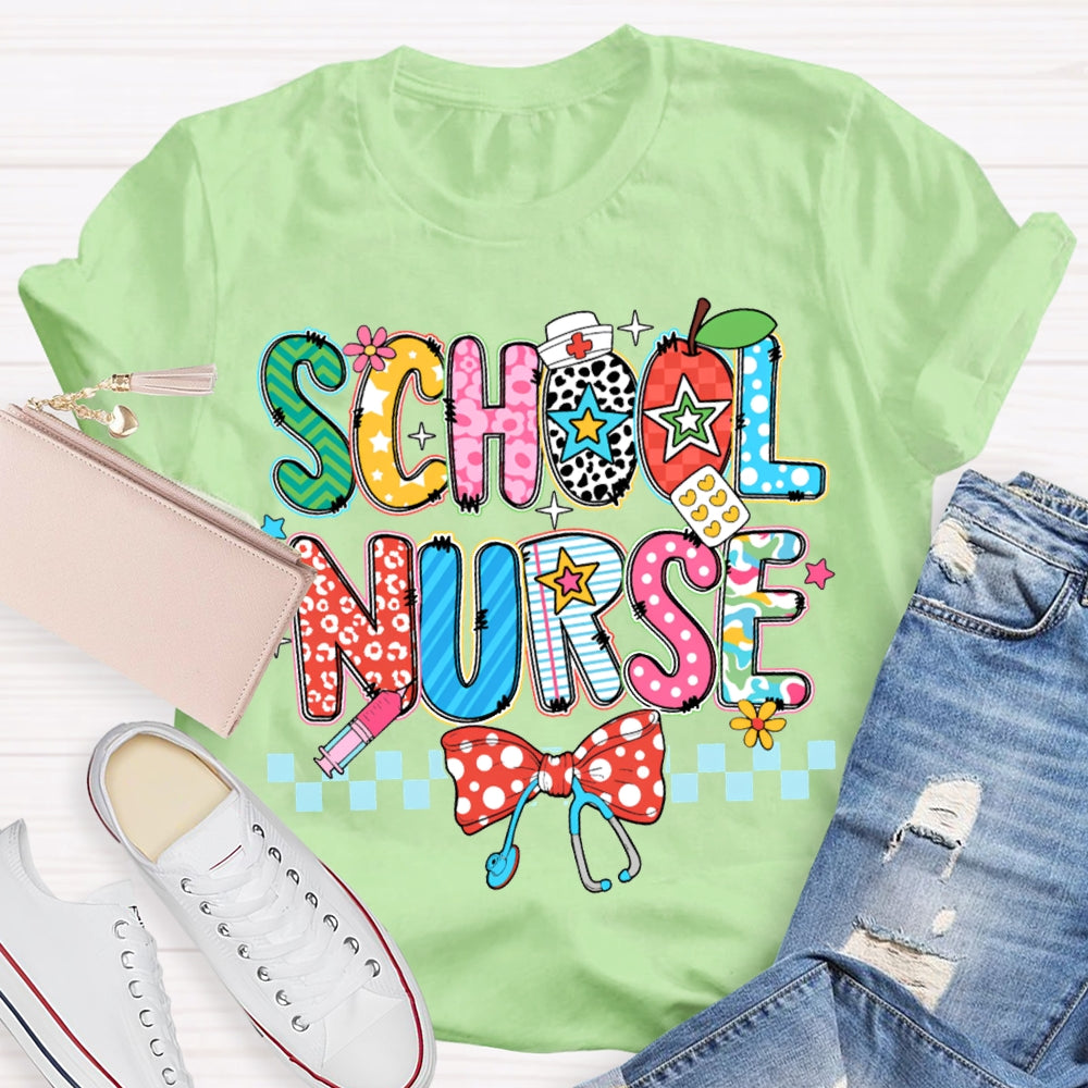 School Nurse Bow Stethoscope And Colored Lettering T-shirt