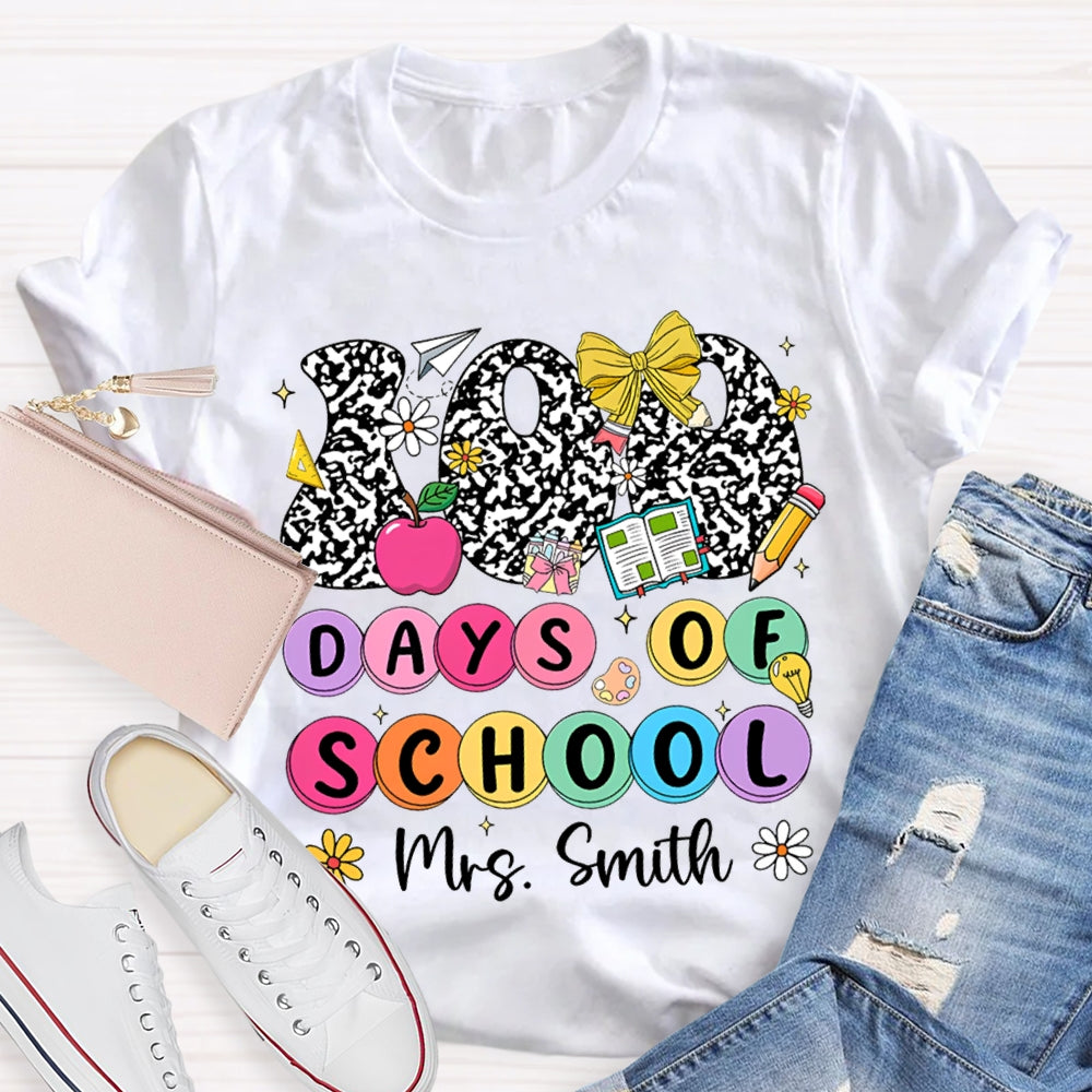 Personalized Name 100 Days Of School Colorful Polka Dot Font T-shirt