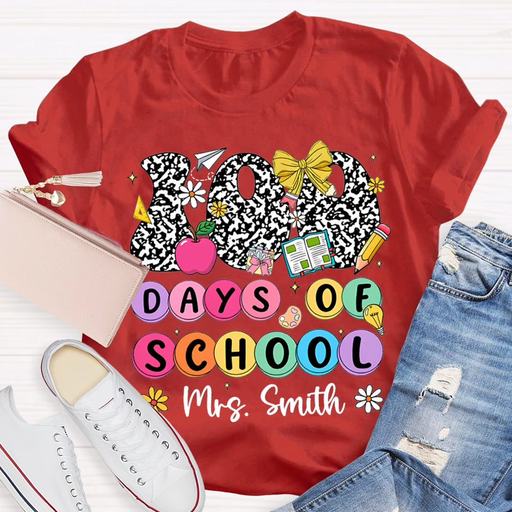 Personalized Name 100 Days Of School Colorful Polka Dot Font T-shirt