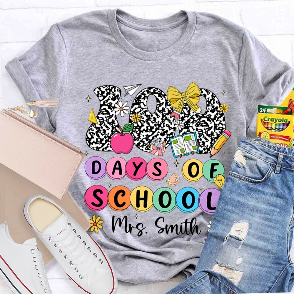 Personalized Name 100 Days Of School Colorful Polka Dot Font T-shirt