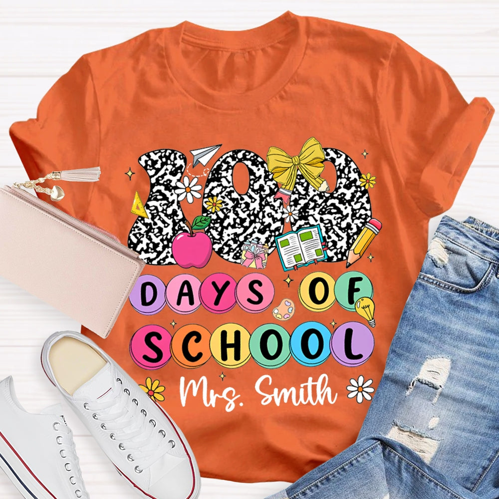 Personalized Name 100 Days Of School Colorful Polka Dot Font T-shirt