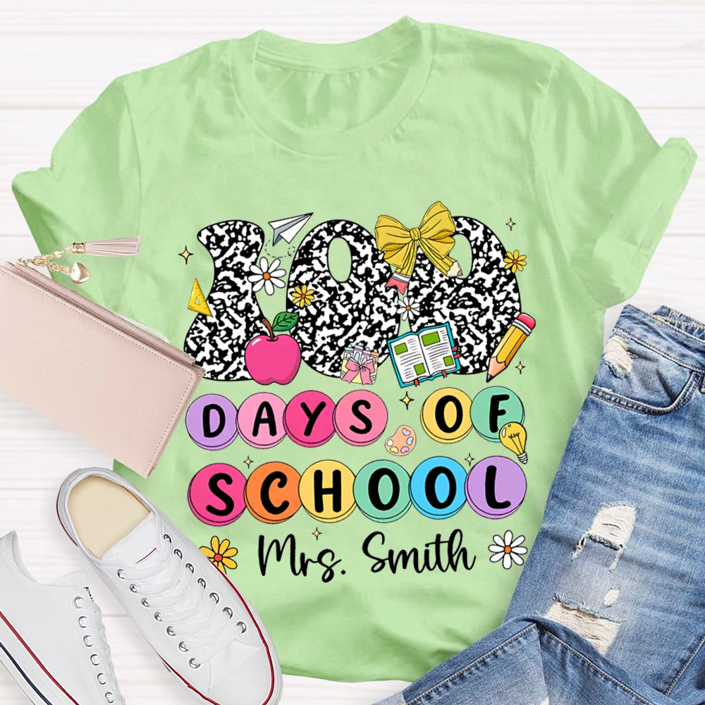Personalized Name 100 Days Of School Colorful Polka Dot Font T-shirt
