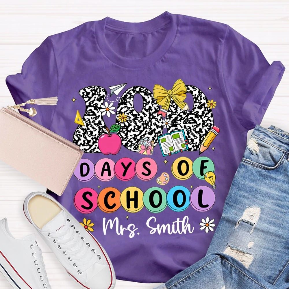 Personalized Name 100 Days Of School Colorful Polka Dot Font T-shirt