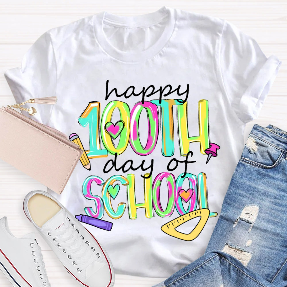 Happy 100th And Of School Colorful Tie-Dye Font T-shirt