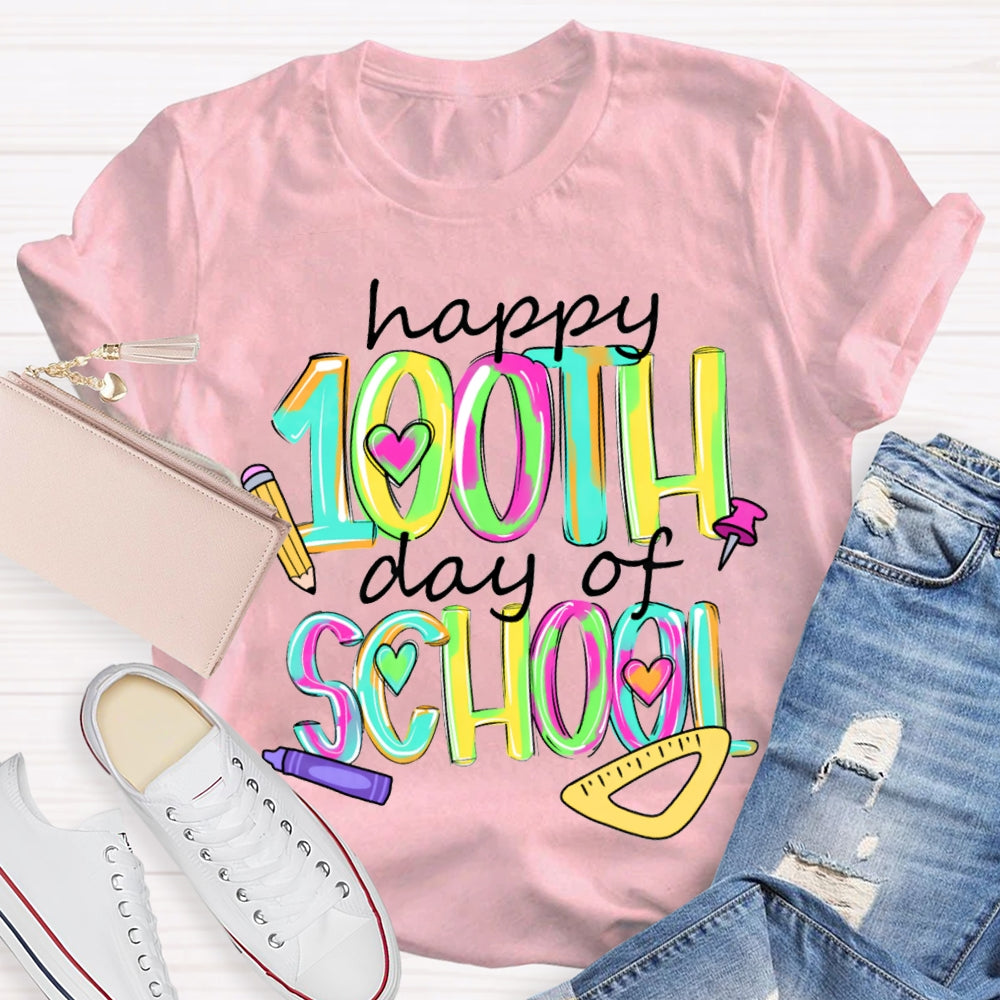 Happy 100th And Of School Colorful Tie-Dye Font T-shirt