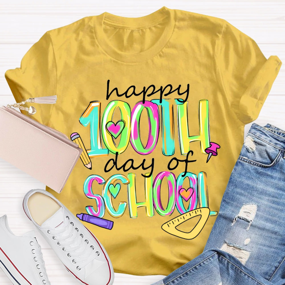 Happy 100th And Of School Colorful Tie-Dye Font T-shirt