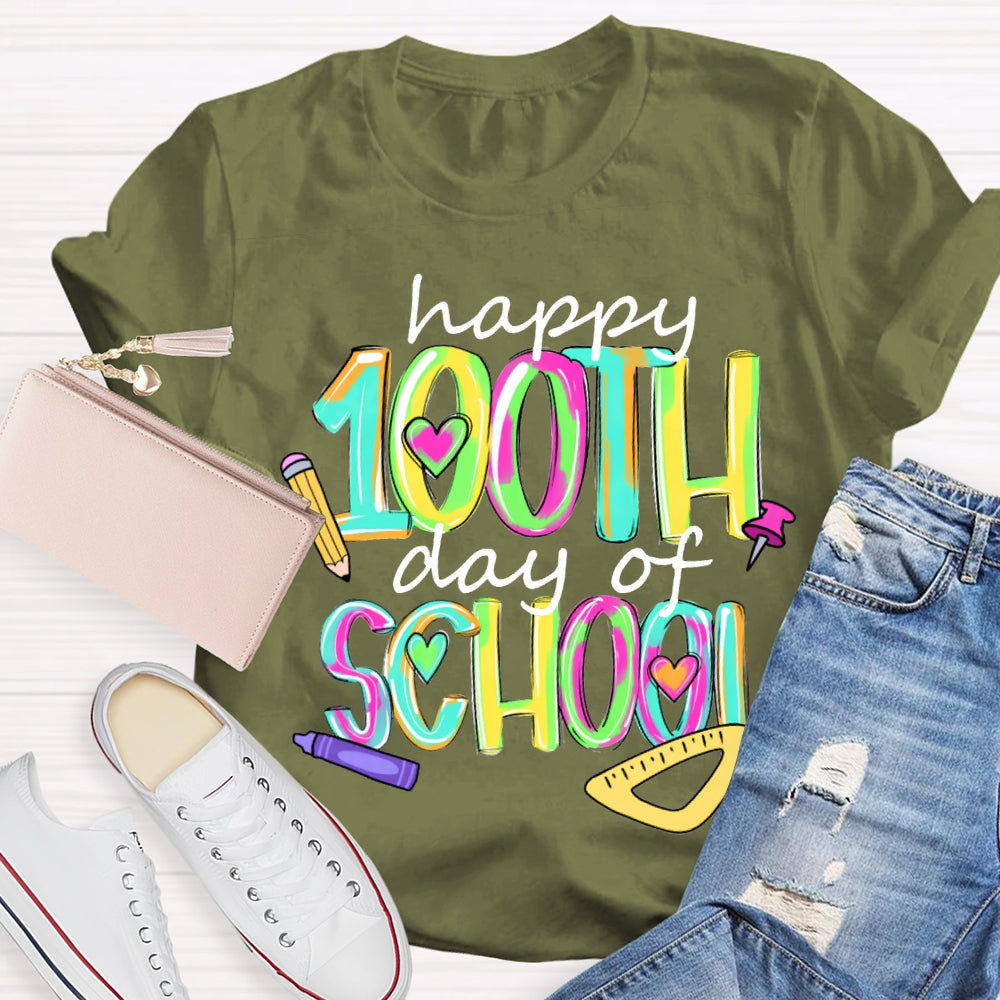 Happy 100th And Of School Colorful Tie-Dye Font T-shirt