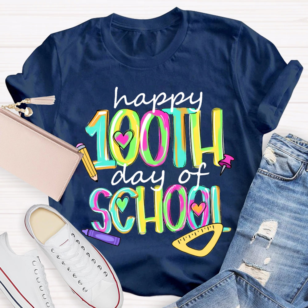 Happy 100th And Of School Colorful Tie-Dye Font T-shirt