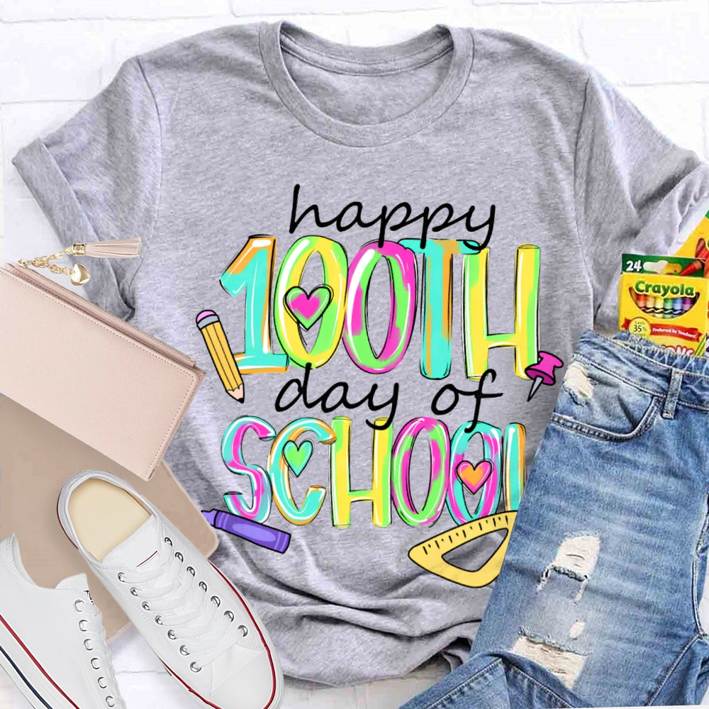 Happy 100th And Of School Colorful Tie-Dye Font T-shirt