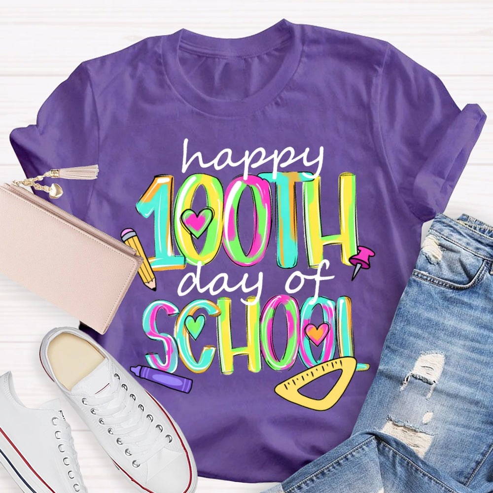 Happy 100th And Of School Colorful Tie-Dye Font T-shirt