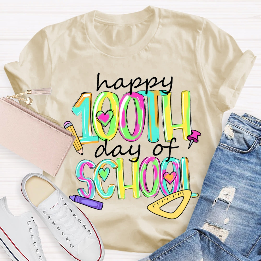 Happy 100th And Of School Colorful Tie-Dye Font T-shirt
