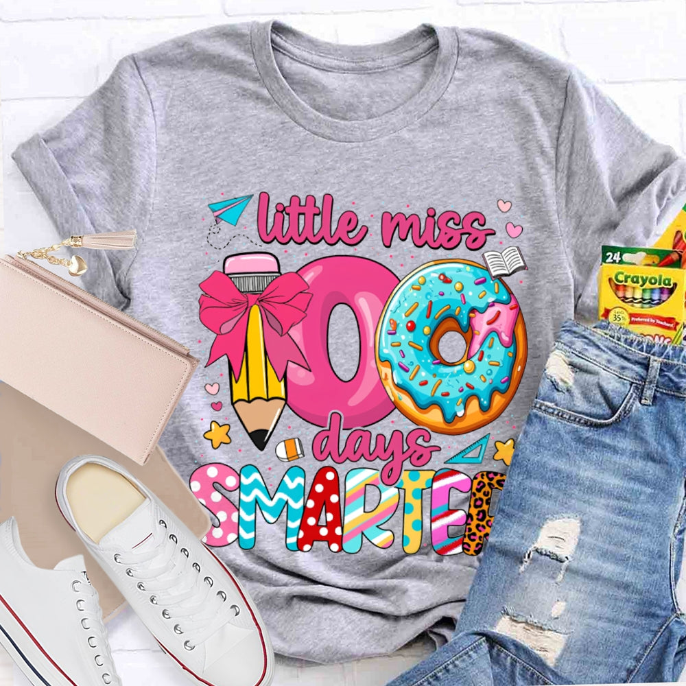 Little Miss 100 Days Smarter Pencil And Donut Print T-shirt