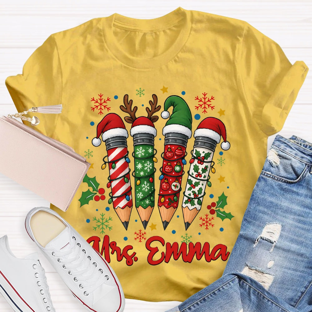 Personalized Name Colored Christmas Pencils And Snowflakes T-shirt