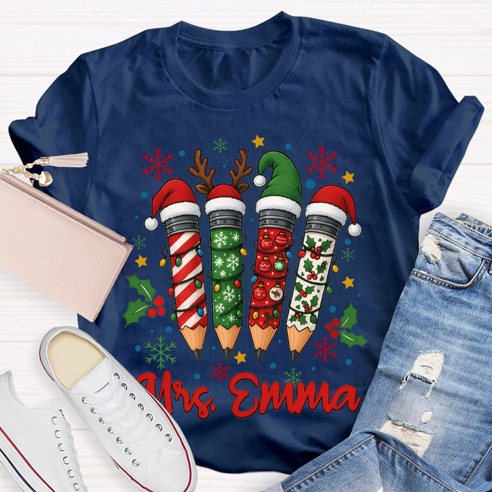 Personalized Name Colored Christmas Pencils And Snowflakes T-shirt