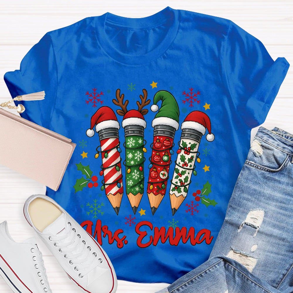 Personalized Name Colored Christmas Pencils And Snowflakes T-shirt